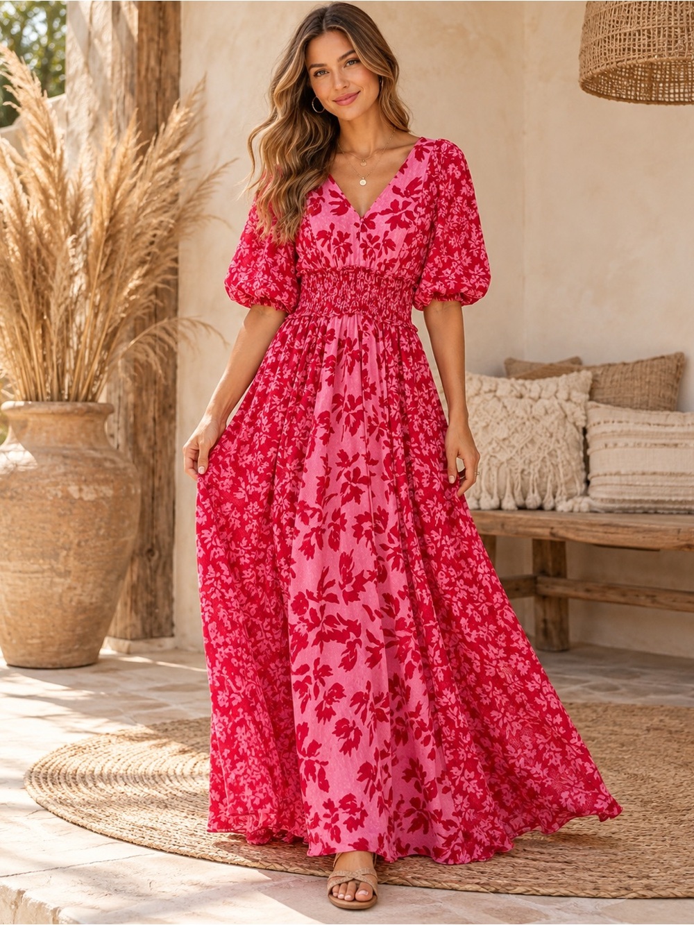 Red Floral Pink Boho Smocked Waist Maxi Dress